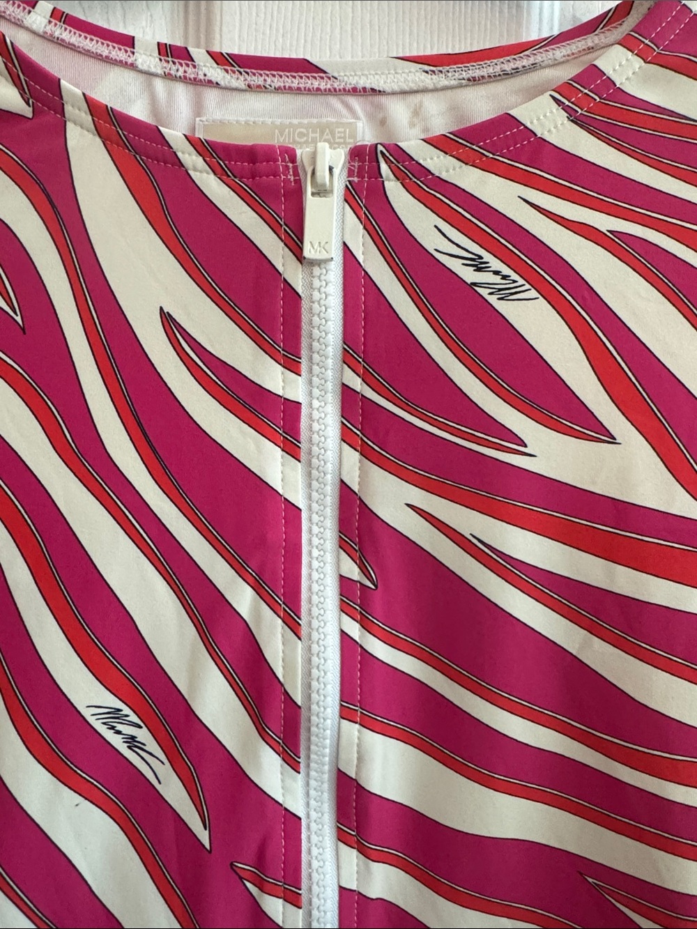 MICHAEL KORS Pink Zebra Print Zip Up Long Sleeve Swimsuit Size 12 - Picture 3 of 6